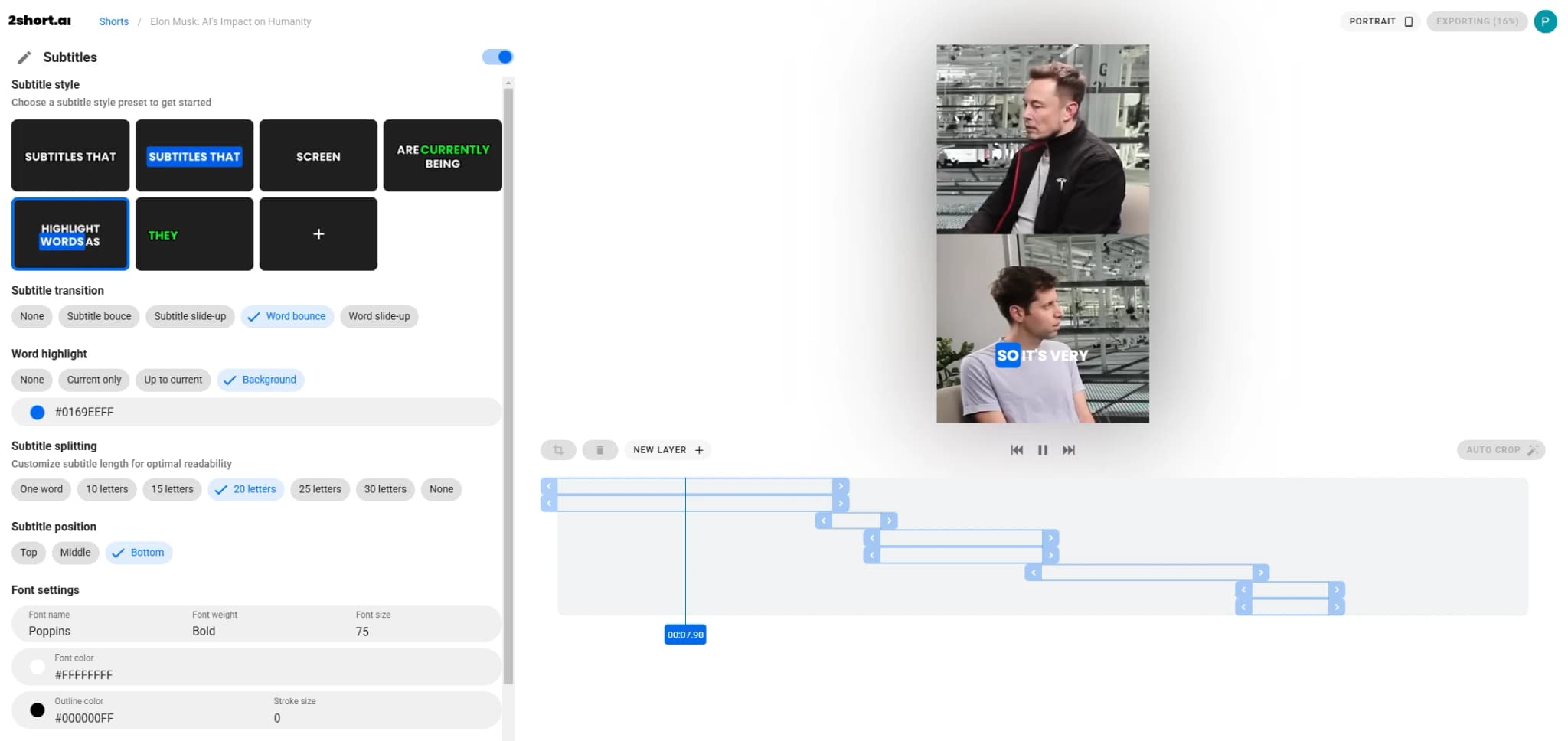 2short.ai editing interface