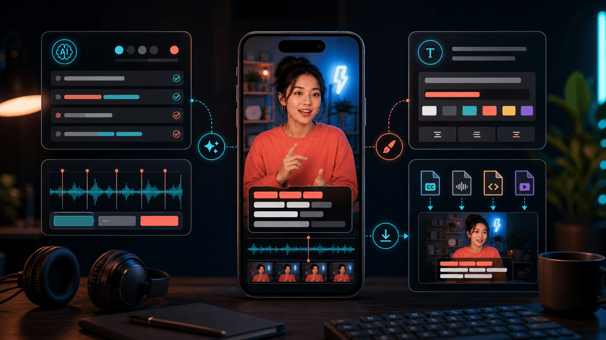 Source-backed visual of a standalone AI caption generator workflow with transcript cleanup, caption styling, subtitle files, and burned-in video captions