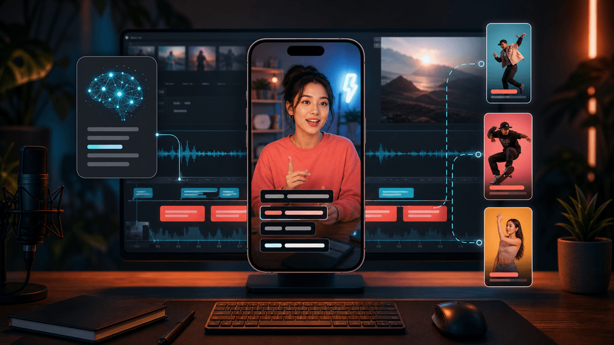 Generated editorial image of an AI caption generator workflow with a vertical video preview, audio waveform, caption blocks, and short-form publishing cards