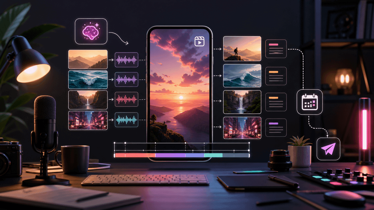 Generated editorial image showing an AI Instagram Reels generator workflow from script to voiceover, captions, vertical scenes, and scheduled publishing