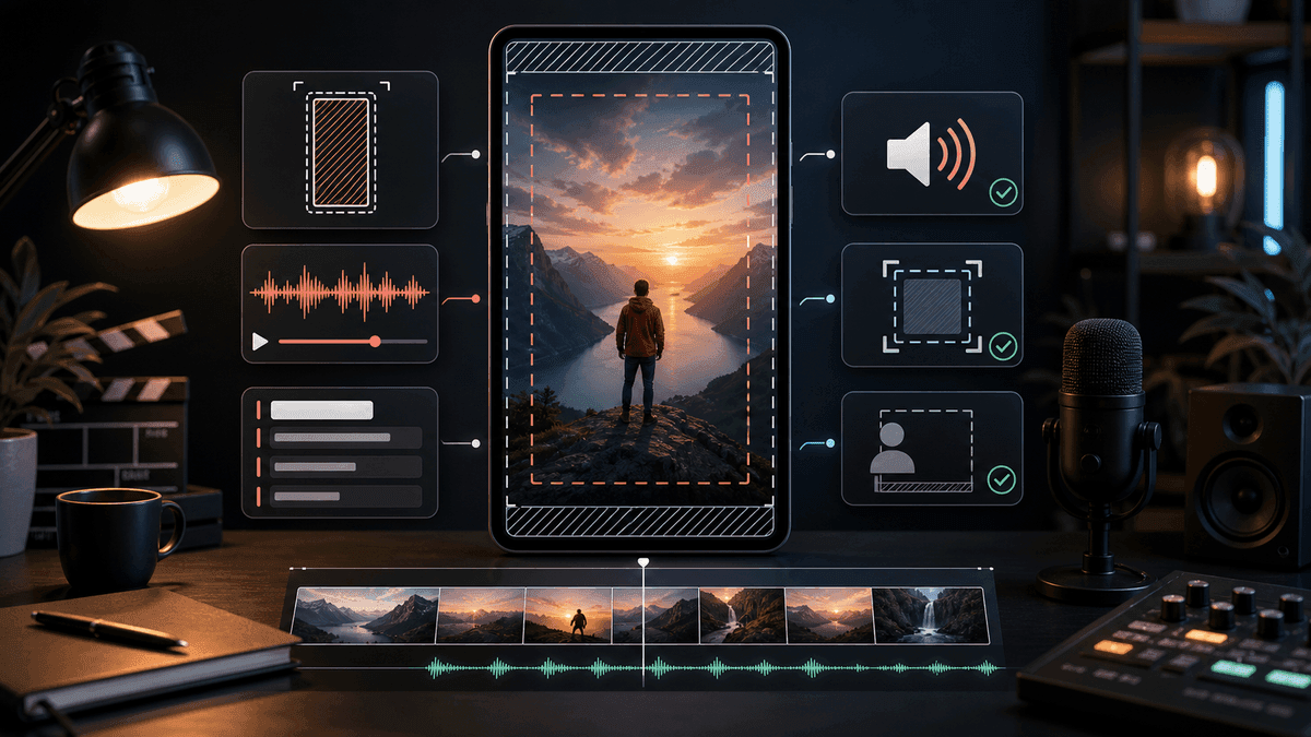 Source-backed visual showing Reels creative checks for vertical framing, sound, captions, safe zones, and export review
