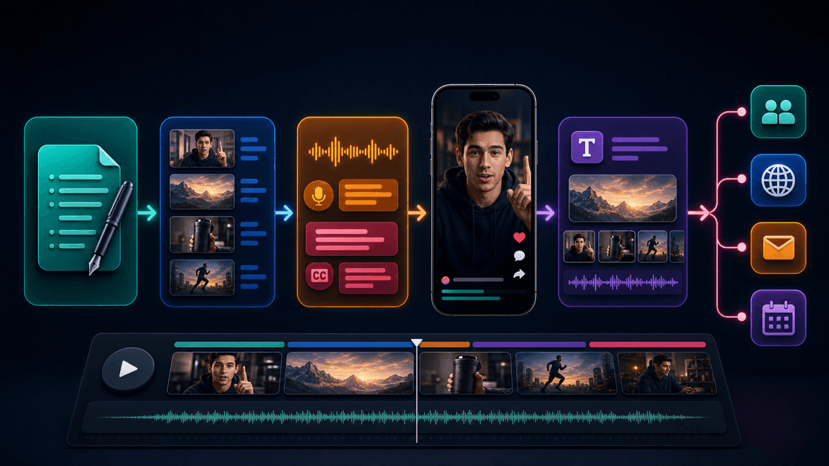 SwipeStory workflow visual showing a script becoming a vertical short video with voiceover, captions, scenes, and publishing steps