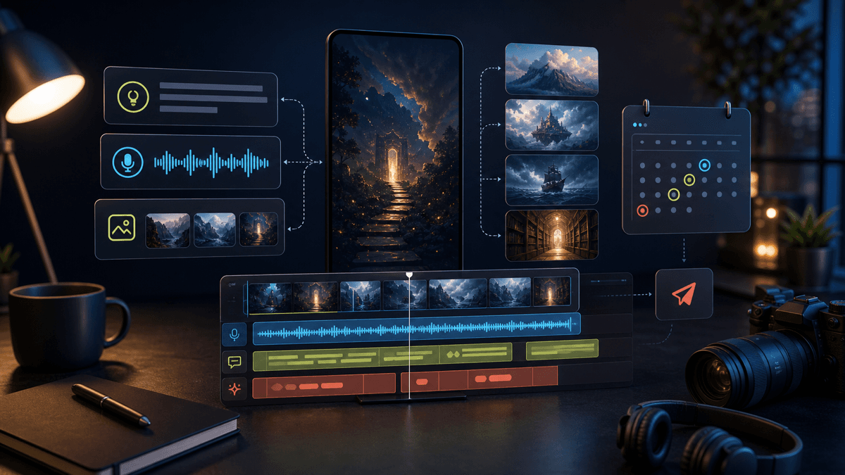 Generated editorial image showing an AI story video generator workflow with story scenes, narration, captions, editing, and scheduling