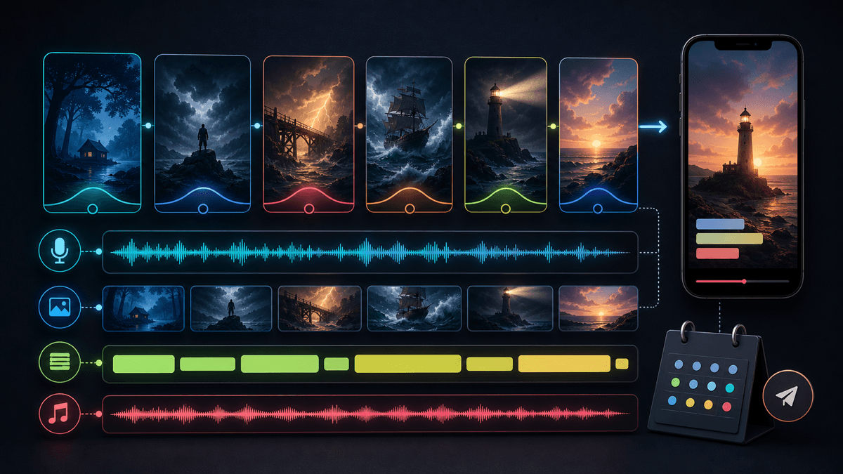 Generated workflow visual showing story beat cards becoming a faceless vertical video with voiceover, scene thumbnails, captions, music, and scheduling