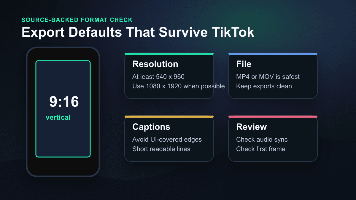 Source-backed visual summarizing TikTok vertical export defaults, safe captions, and video review checks