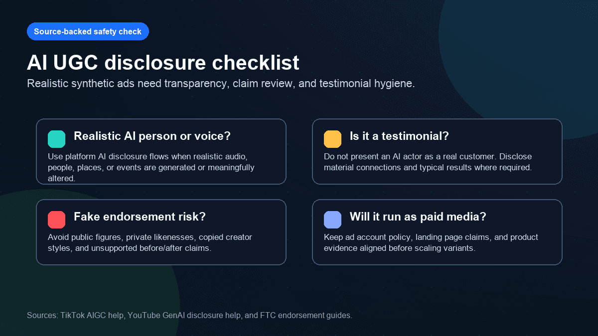 Source-backed checklist for AI UGC ad disclosure, testimonial risk, fake endorsement risk, and paid media review