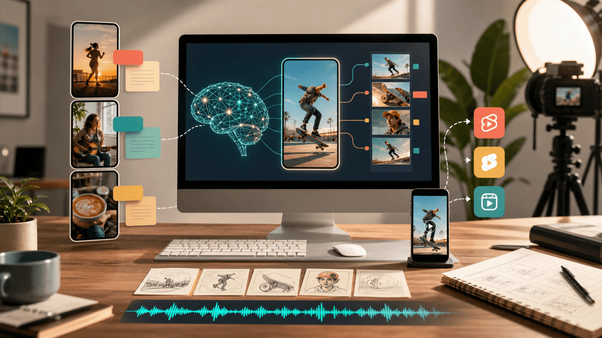Editorial illustration of an AI-assisted short-form video workspace with prompt notes, a vertical phone storyboard, captions, and scene cards for Shorts creation