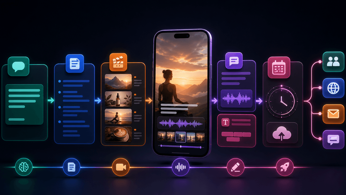 Generated on-brand illustration of a SwipeStory workflow moving from prompt to script, storyboard scenes, voiceover, captions, and publishing