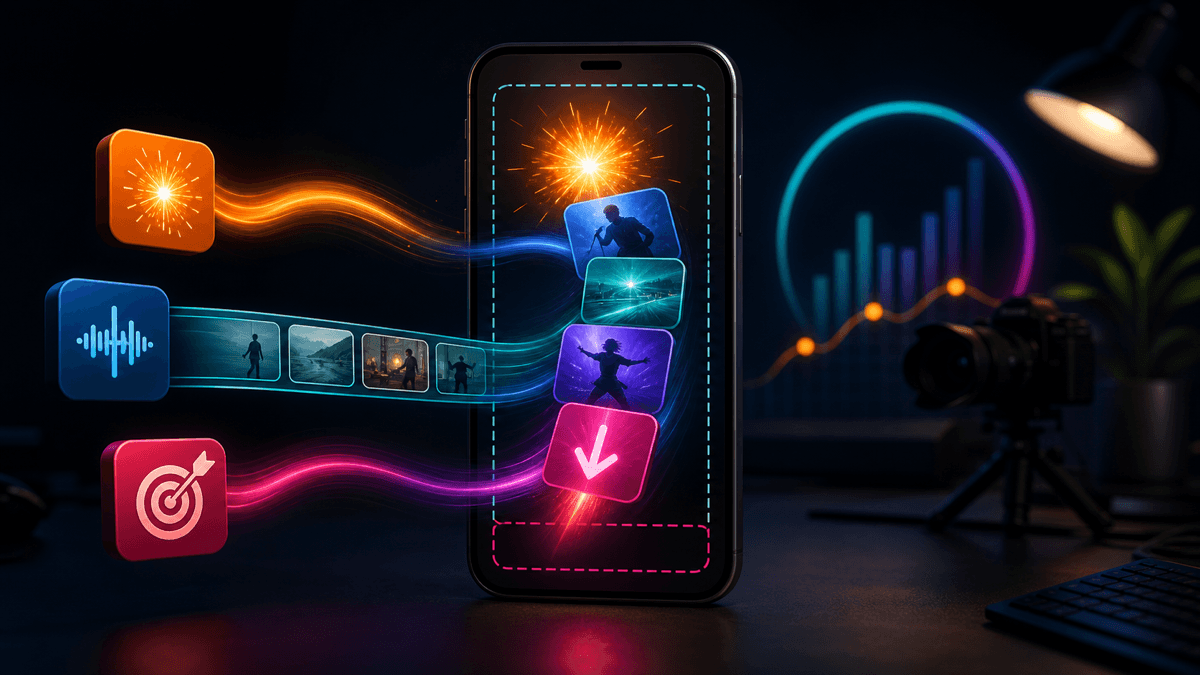 Generated on-brand illustration of TikTok prompt cues with hook energy, vertical framing, caption-safe space, and short-form scene cards