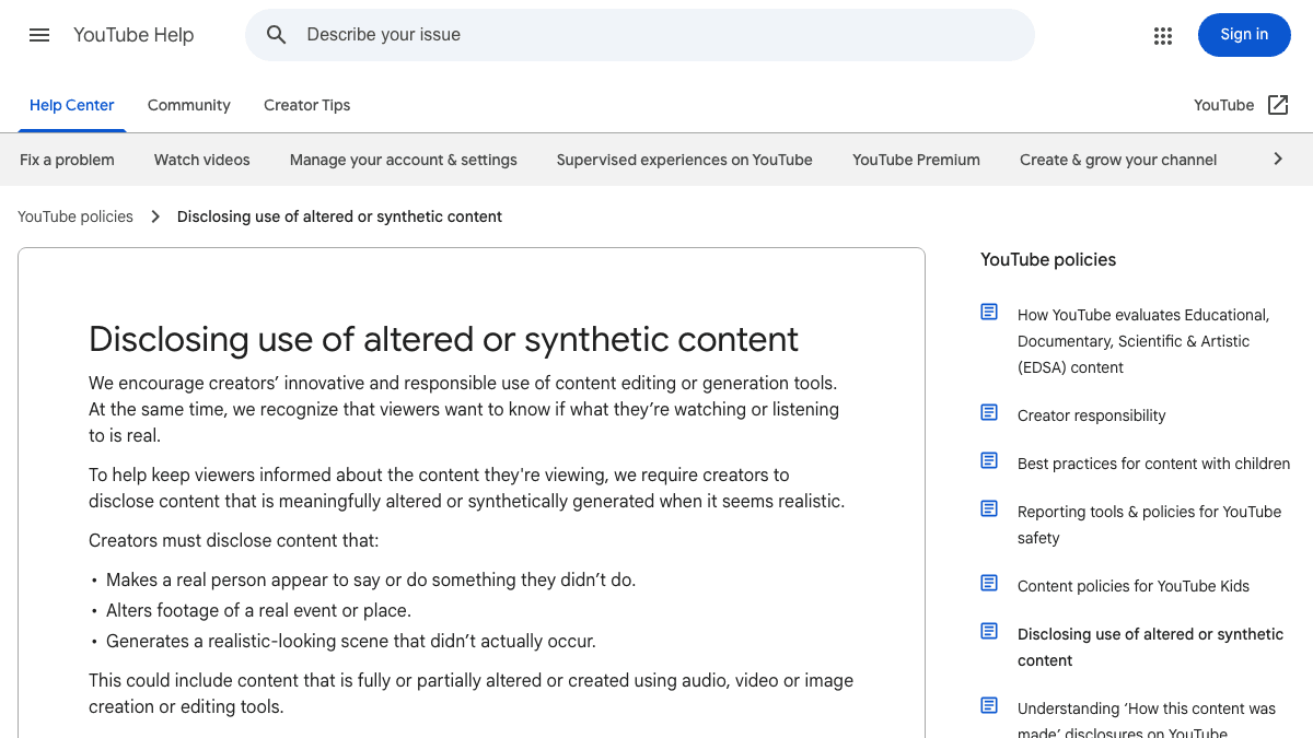 Source-backed screenshot of YouTube Help explaining disclosure requirements for realistic altered or synthetic content
