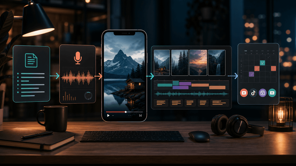 Generated editorial image of an AI voiceover video maker workflow from script to narration, vertical scenes, captions, and scheduled short-form posts