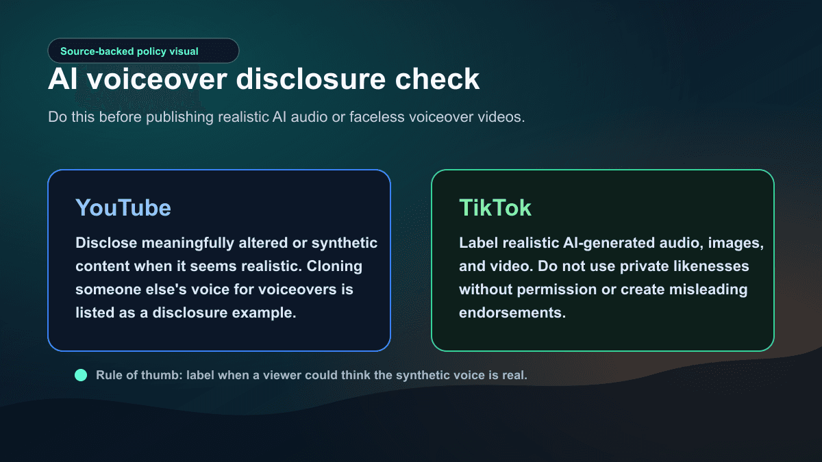 Source-backed policy visual summarizing YouTube and TikTok disclosure checks for realistic AI voiceover videos