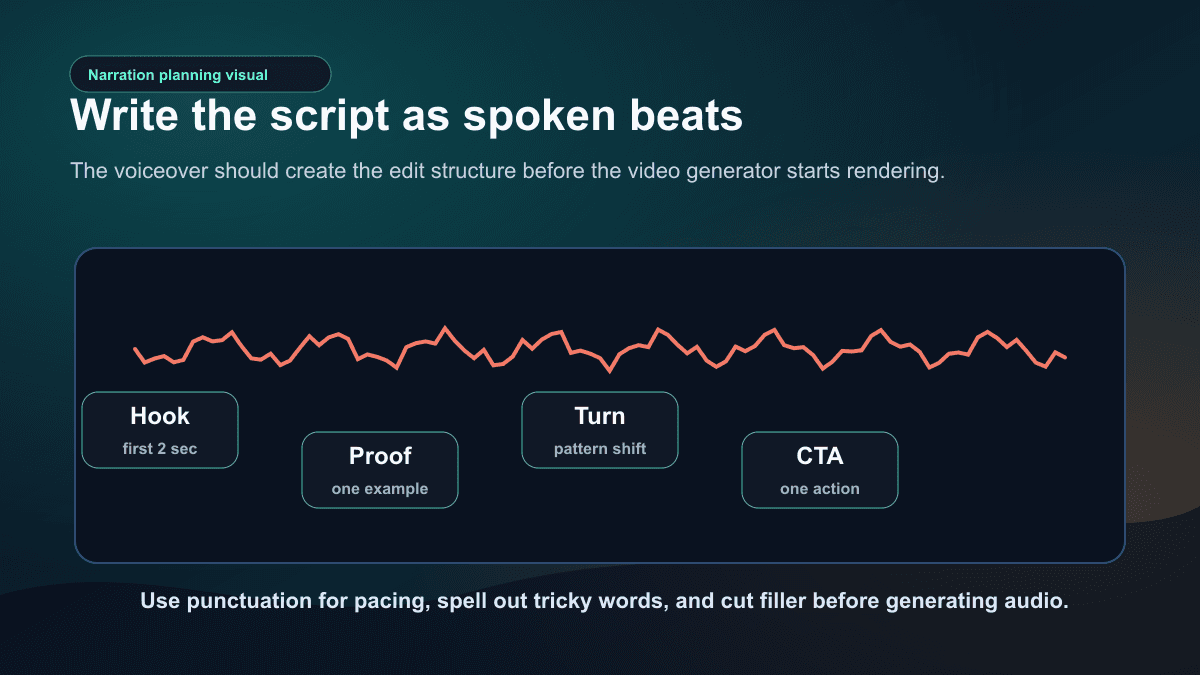 Visual showing a short-form voiceover script mapped into hook, proof, turn, and CTA beats before AI audio generation