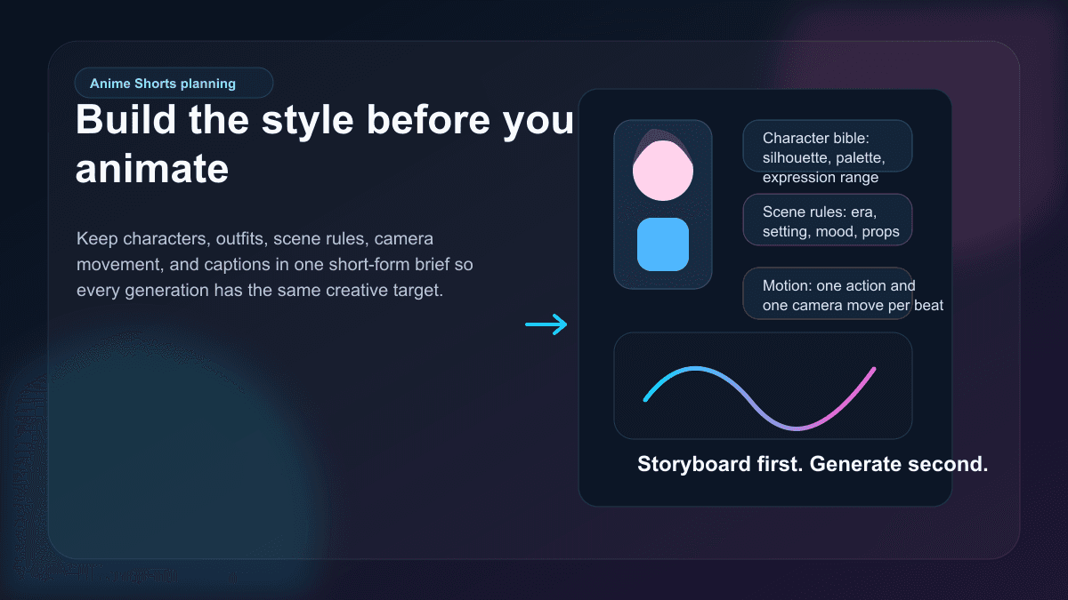 Source-backed visual showing an anime Shorts style brief with character rules, scene rules, motion planning, and storyboard structure