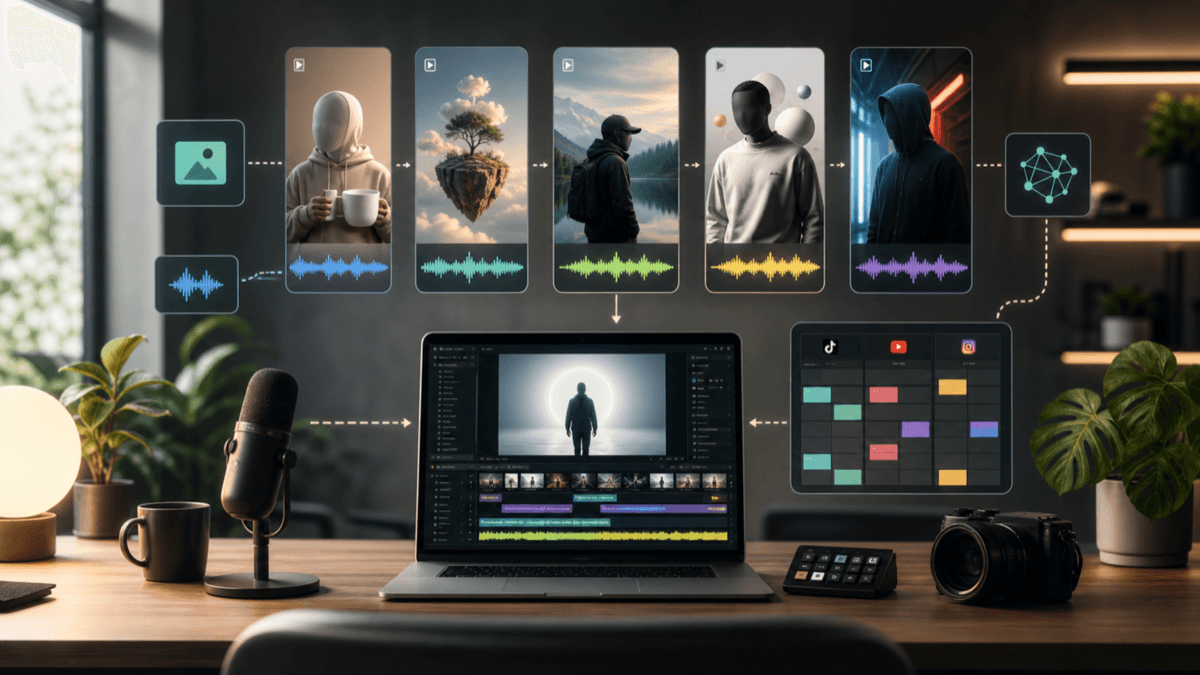 Editorial illustration of an AI faceless video workflow with storyboards, captions, voiceover cues, and social publishing