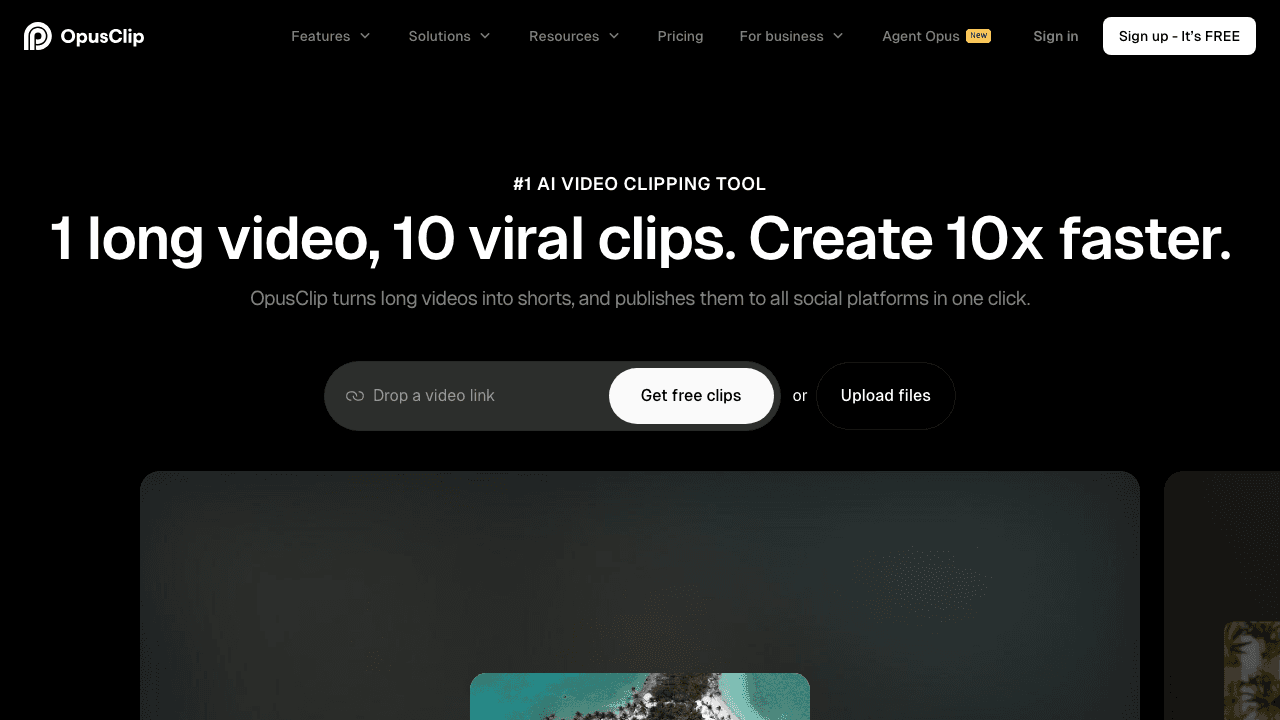 OpusClip homepage showing AI clipping and repurposing for short-form video creators