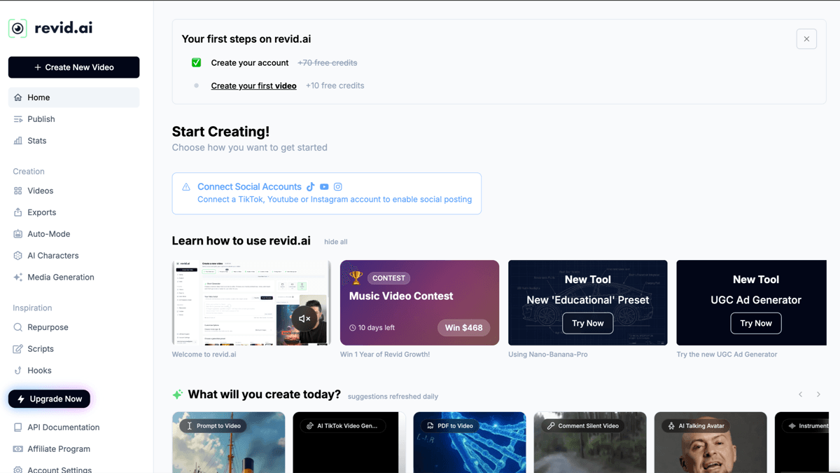 Revid.ai dashboard showing its short-form AI video creation workspace