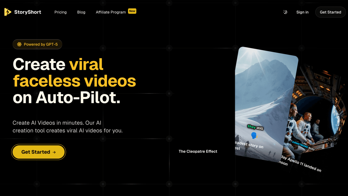 StoryShort homepage showing faceless AI video creation for story, UGC, and niche channel formats
