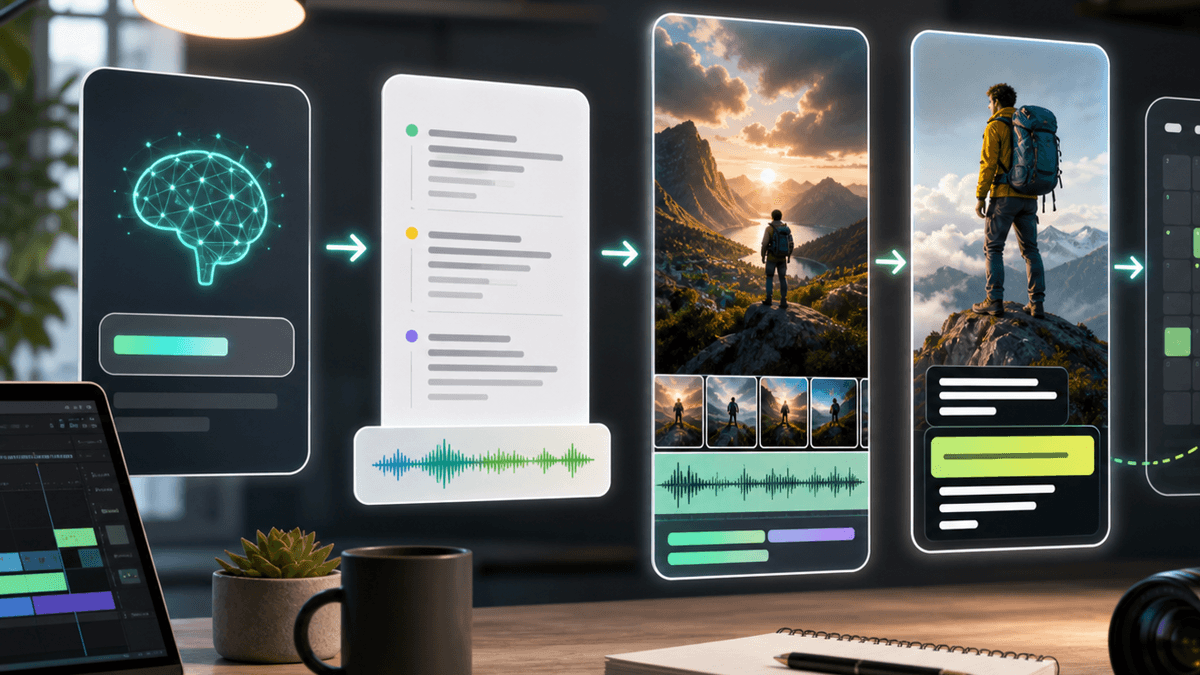 Generated editorial image showing an AI workflow from prompt to script, voiceover, vertical video, captions, and scheduled publishing