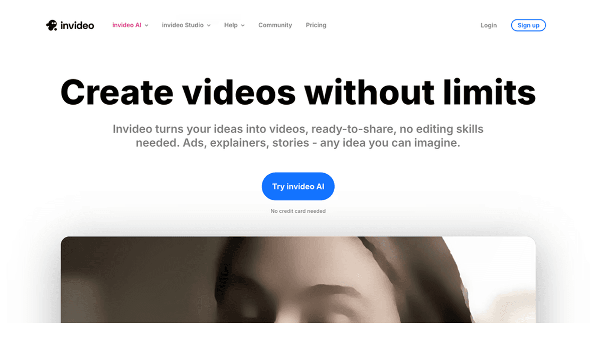 Invideo AI homepage screenshot showing its prompt-to-video positioning for creators