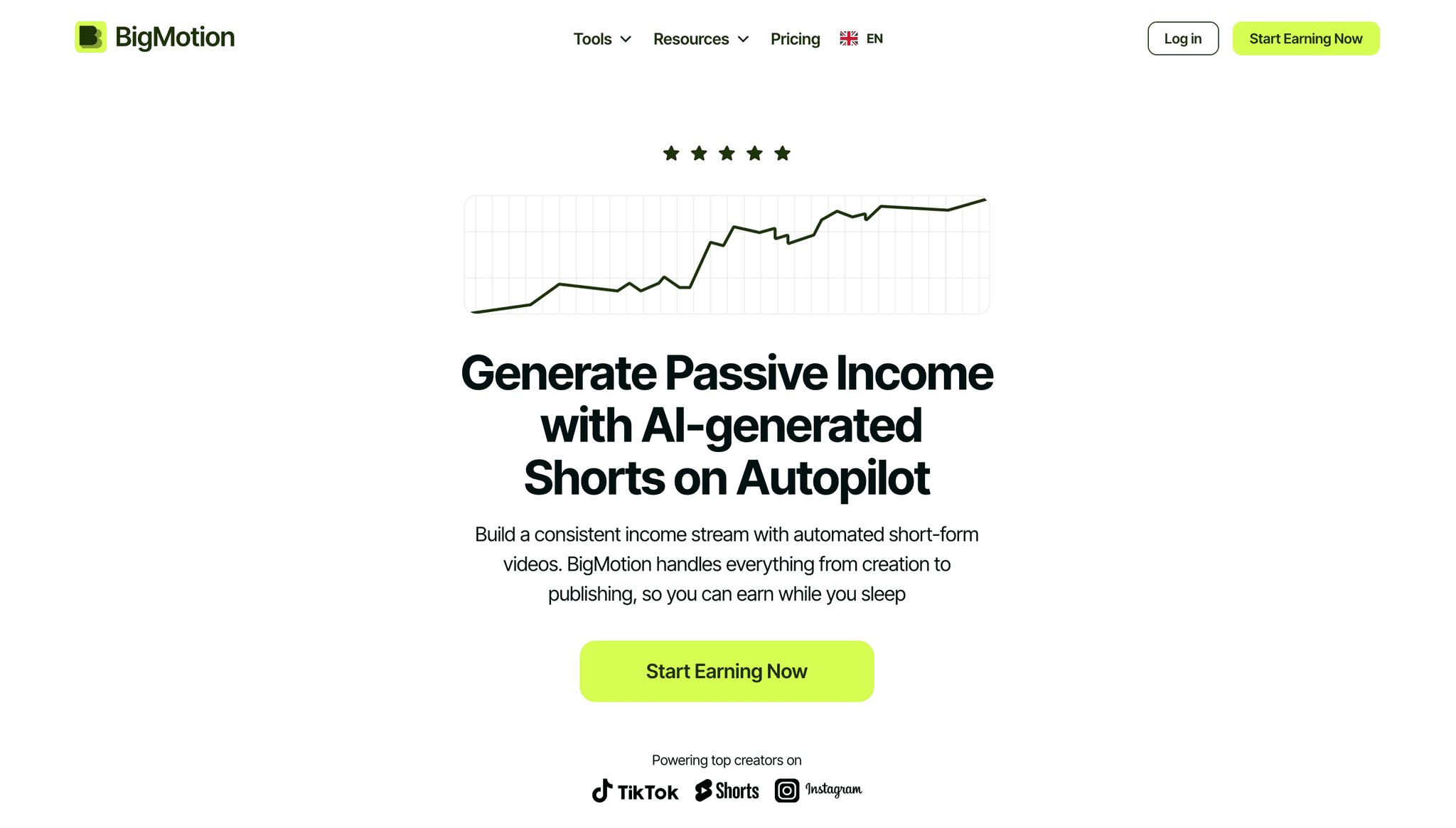 BigMotion AI homepage - Generate Passive Income with AI-generated Shorts on Autopilot