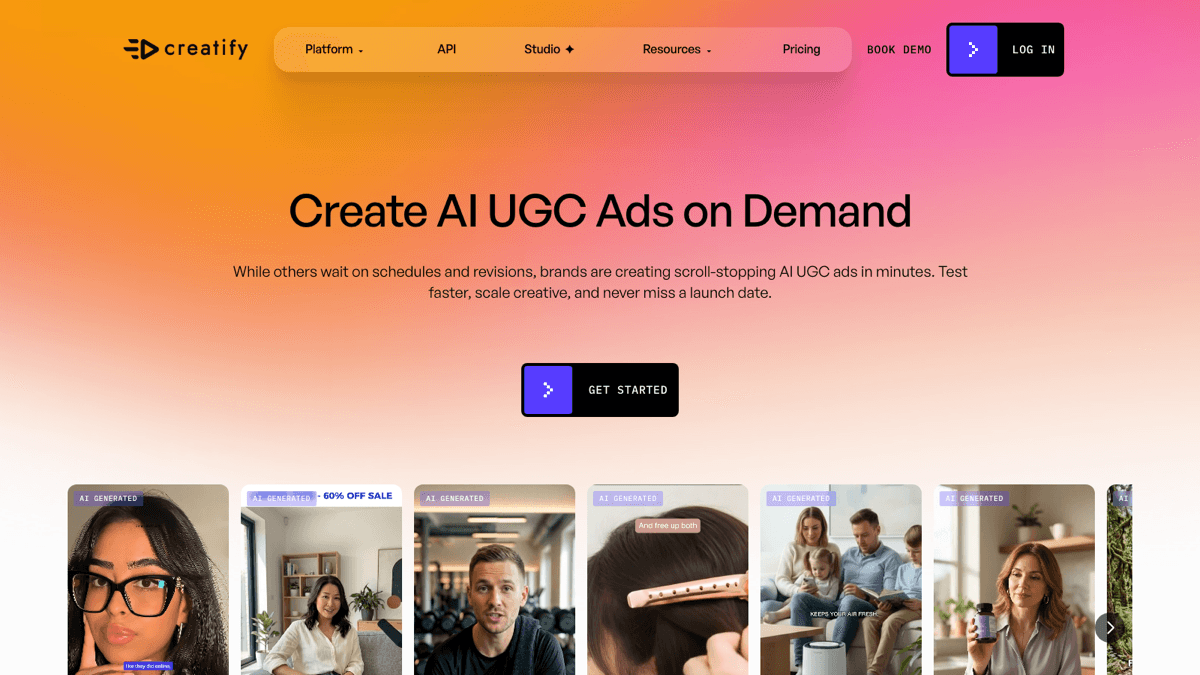 Creatify UGC page showing its Create AI UGC Ads on Demand positioning for AI-generated UGC ads