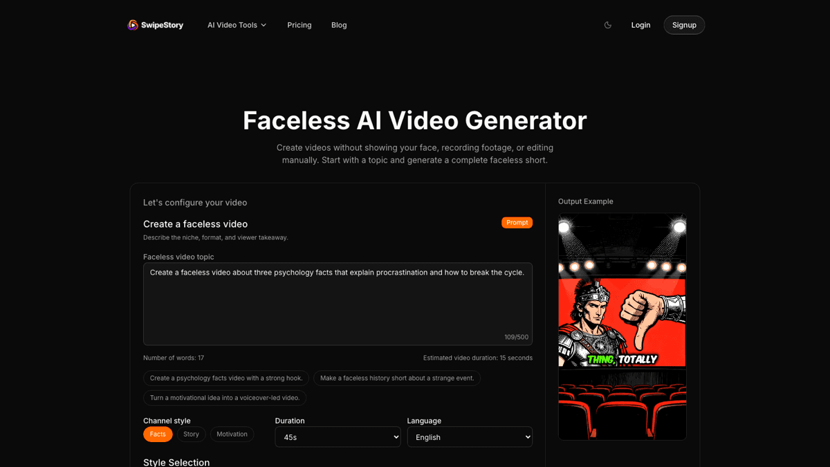 SwipeStory faceless AI video generator showing a topic input and vertical output example for no-camera short-form videos