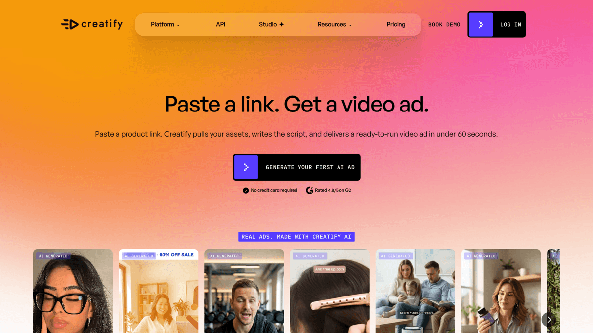 Creatify URL to video page showing a product link workflow for generating video ads