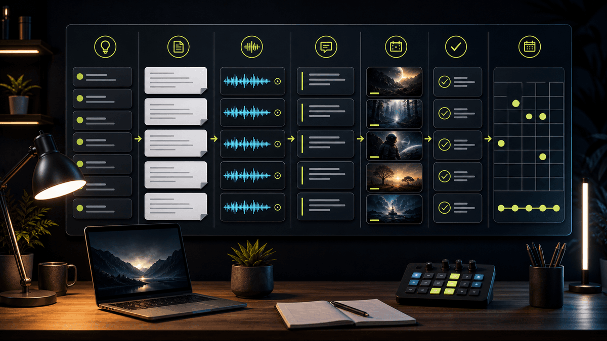 Generated editorial image showing faceless video series automation from idea queue to scripts, voiceovers, captions, review, and scheduled episodes
