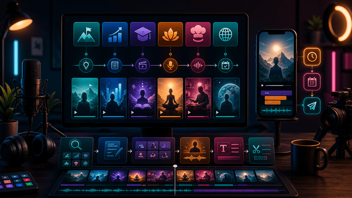 Generated editorial image of a faceless YouTube channel planning board with Shorts storyboards, niche cards, and an AI video workflow