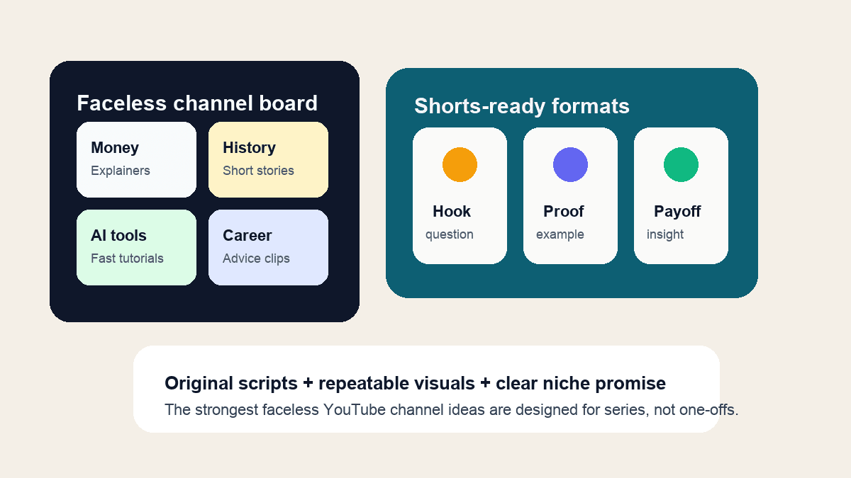 Editorial illustration of a faceless YouTube channel planning board with Shorts storyboards, niche cards, and an AI video workflow