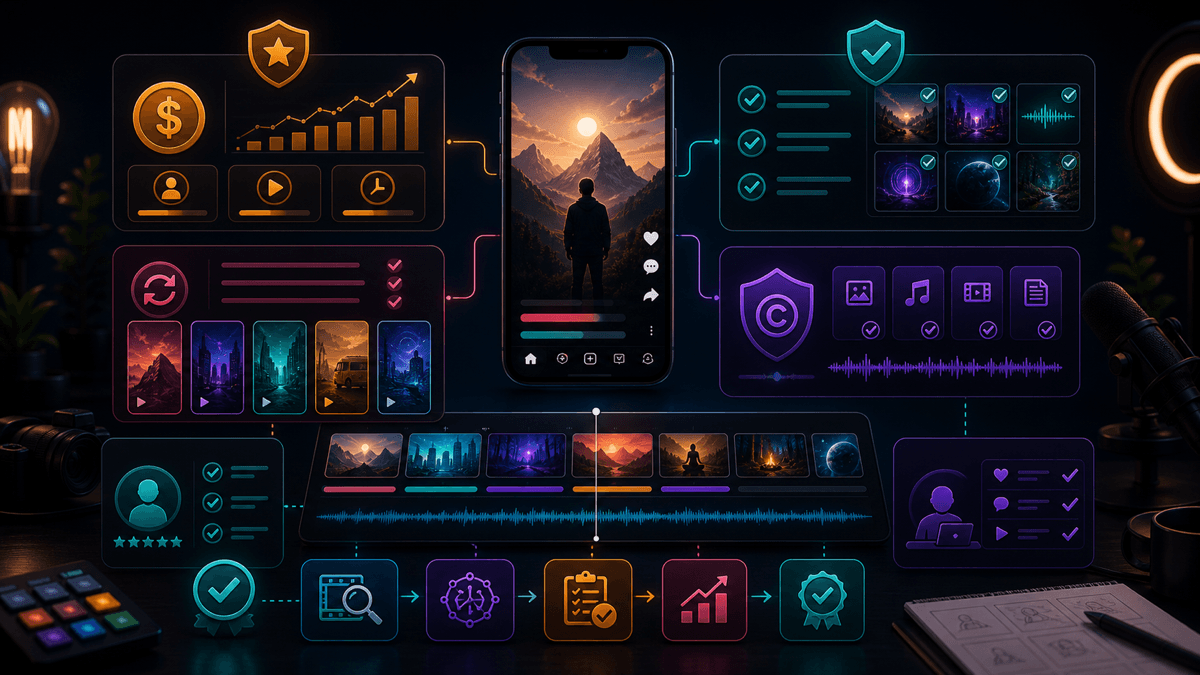 Generated editorial image showing faceless YouTube monetization readiness, originality checks, and rights-safe media review