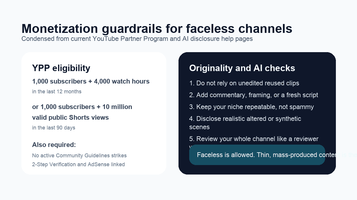 Checklist graphic summarizing YouTube Partner Program thresholds, originality rules, and realistic AI disclosure requirements
