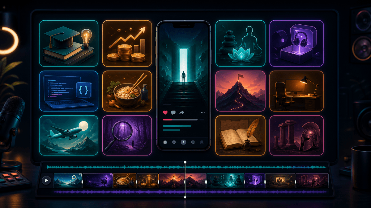 Generated editorial image showing faceless YouTube channel niche ideas as icon cards around a vertical video storyboard