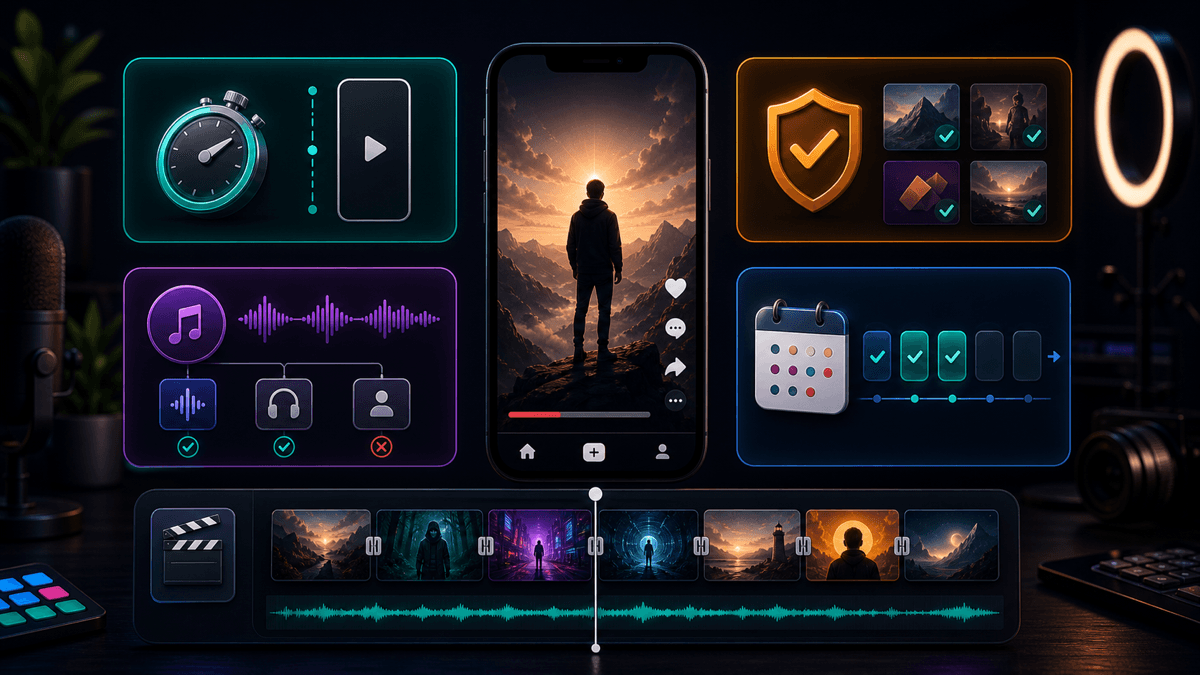 Generated editorial image showing Shorts timing, originality, and publishing guardrails through icons and video timeline cards