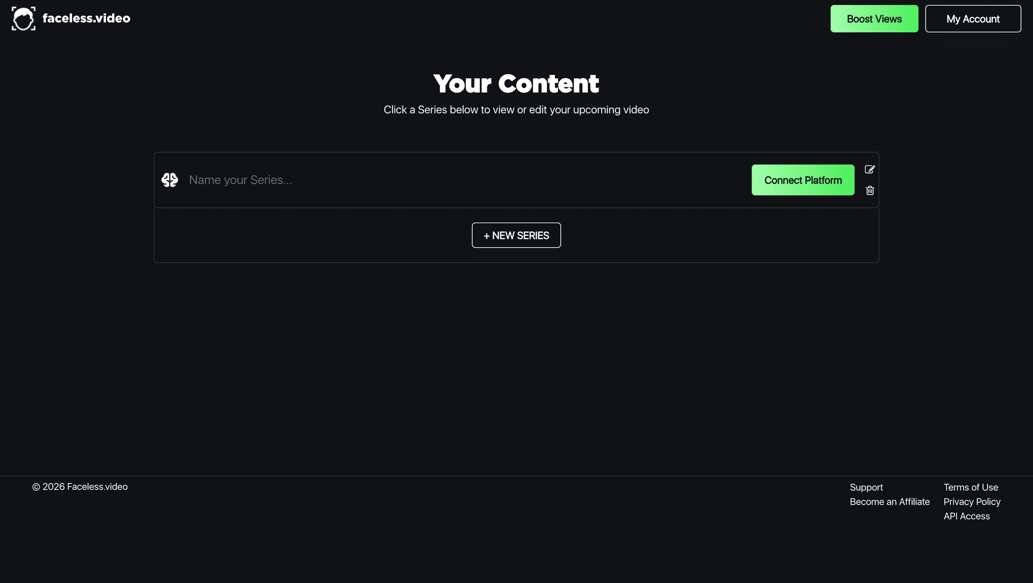 Faceless.video dashboard interface showing series creation and content management