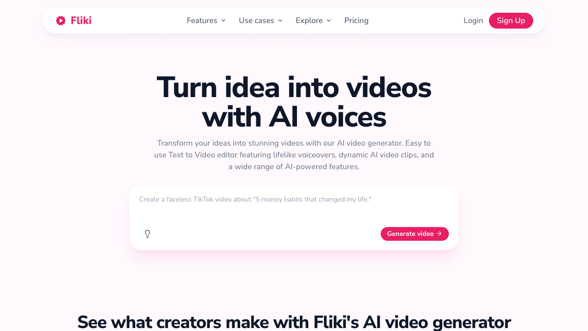 Fliki homepage showing idea to video creation with AI voices and a prompt box for faceless videos