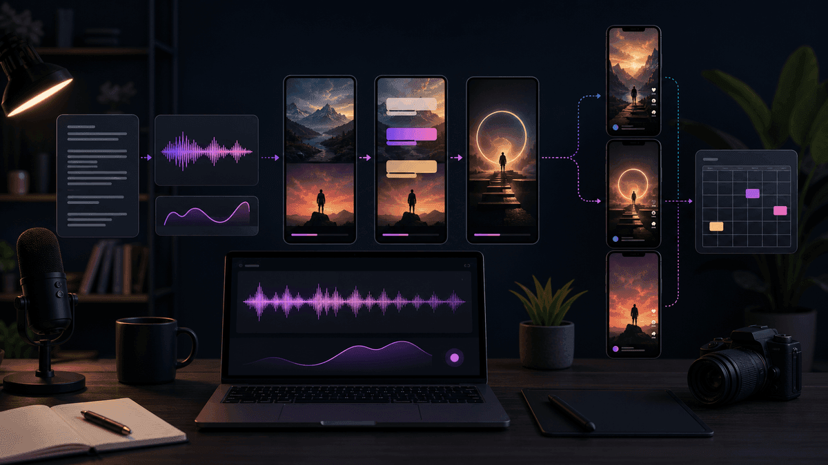 Generated editorial image showing a script and audio waveform becoming vertical short-form videos with captions and scheduling