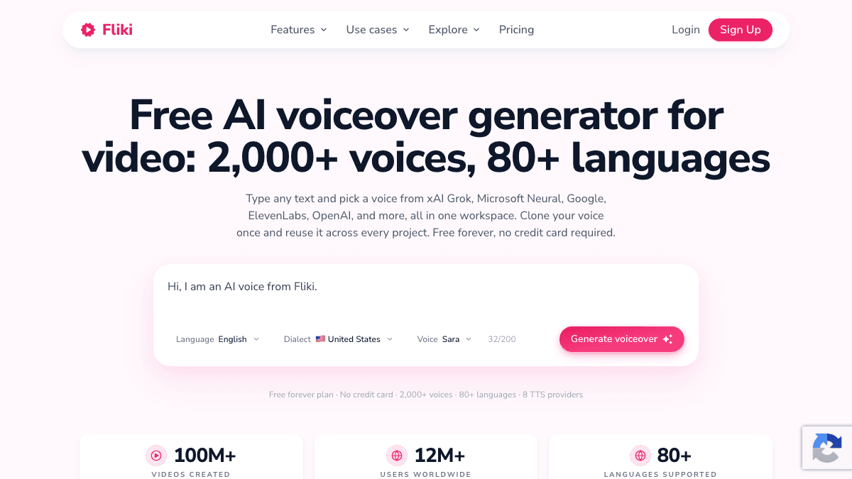 Fliki AI voiceover generator page showing 2000 plus voices and 80 plus languages for video narration
