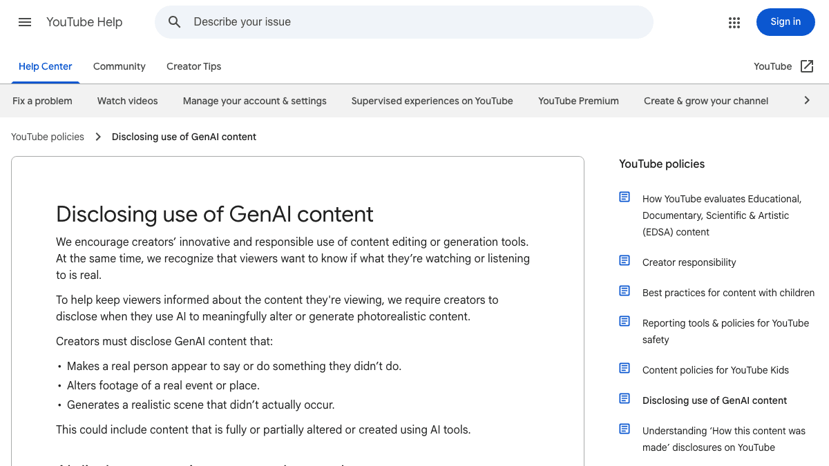 YouTube Help page explaining disclosure requirements for AI-generated or meaningfully altered realistic content