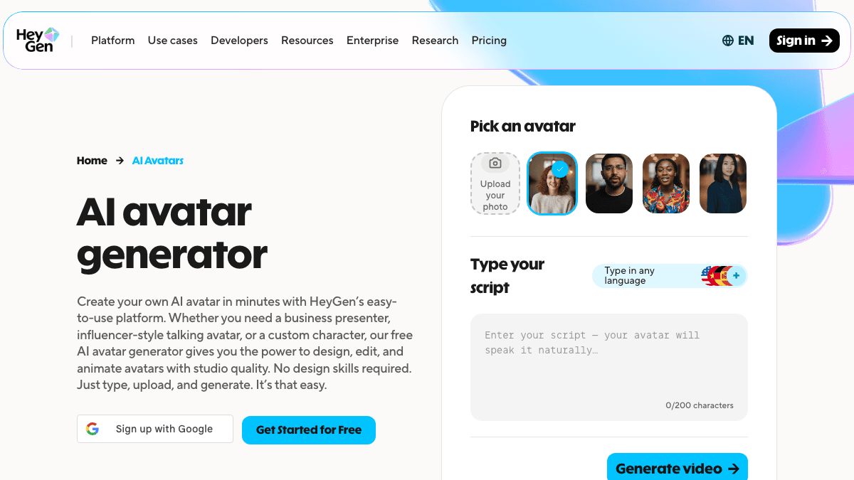HeyGen AI avatar generator page showing avatar selection and script input for creating presenter videos
