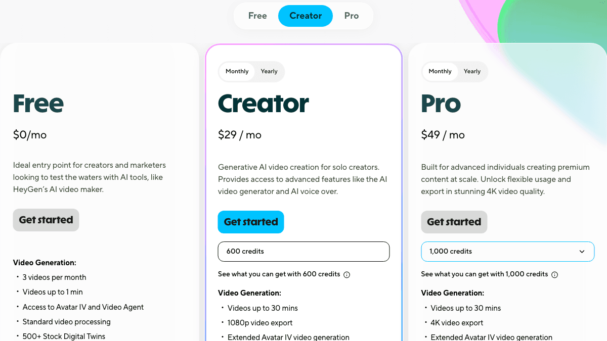 HeyGen pricing page showing Free Creator and Pro plans with monthly prices and credit allocations