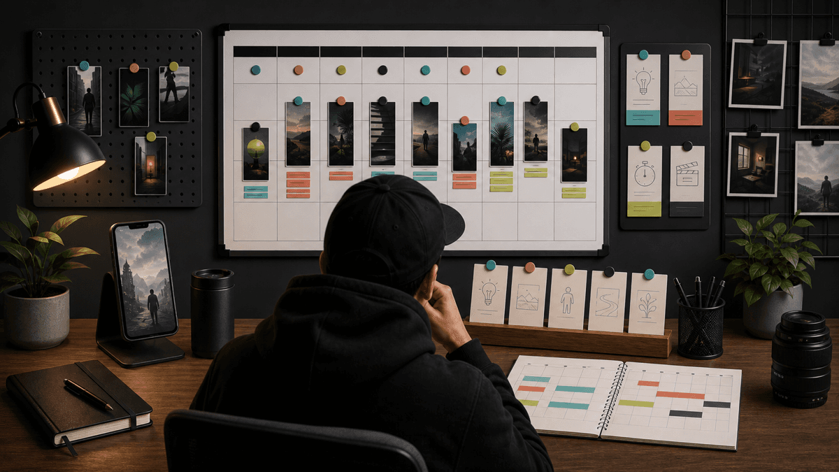 Generated editorial image showing a sustainable YouTube Shorts posting schedule with weekly planning, storyboards, and scheduled publishing