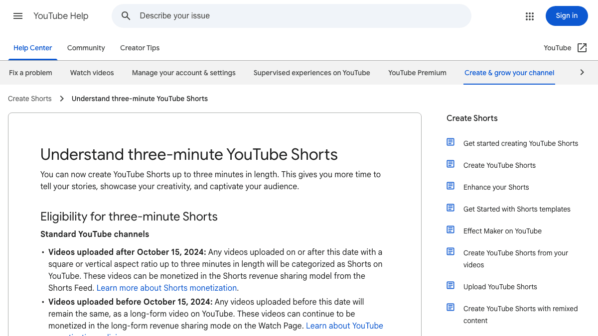 Source-backed YouTube Help visual explaining that square or vertical videos uploaded after October 15, 2024 can be Shorts up to three minutes