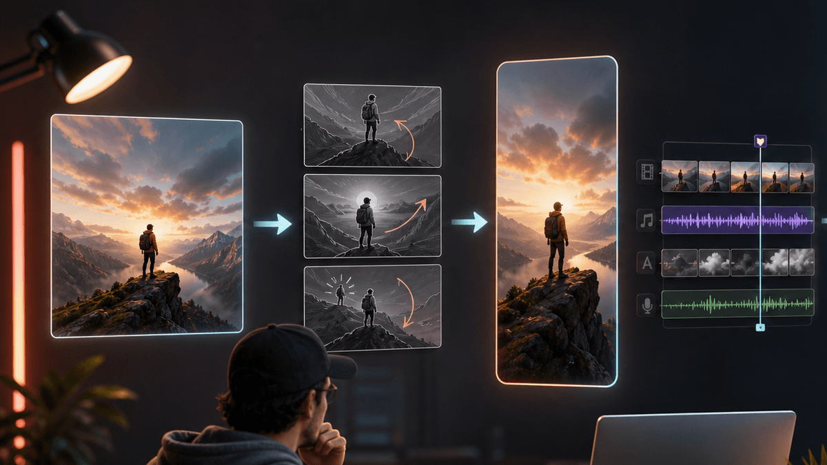 Generated editorial image showing a still image becoming an AI-generated short video with motion planning, voiceover, captions, and scheduling