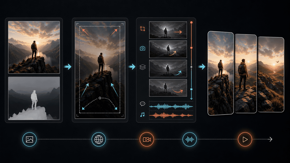 Generated workflow visual showing a source image, motion map, camera path, caption-safe framing, voiceover timing, and final vertical video previews