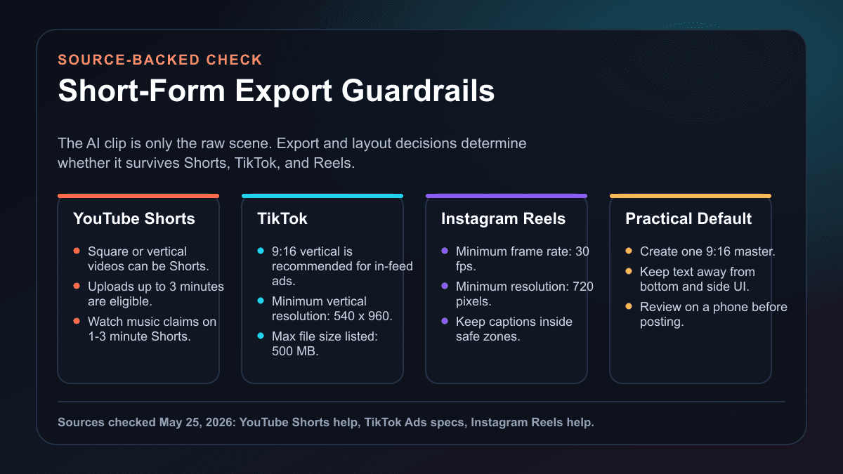 Source-backed visual showing short-form export guardrails for YouTube Shorts, TikTok, Instagram Reels, and a practical 9:16 default