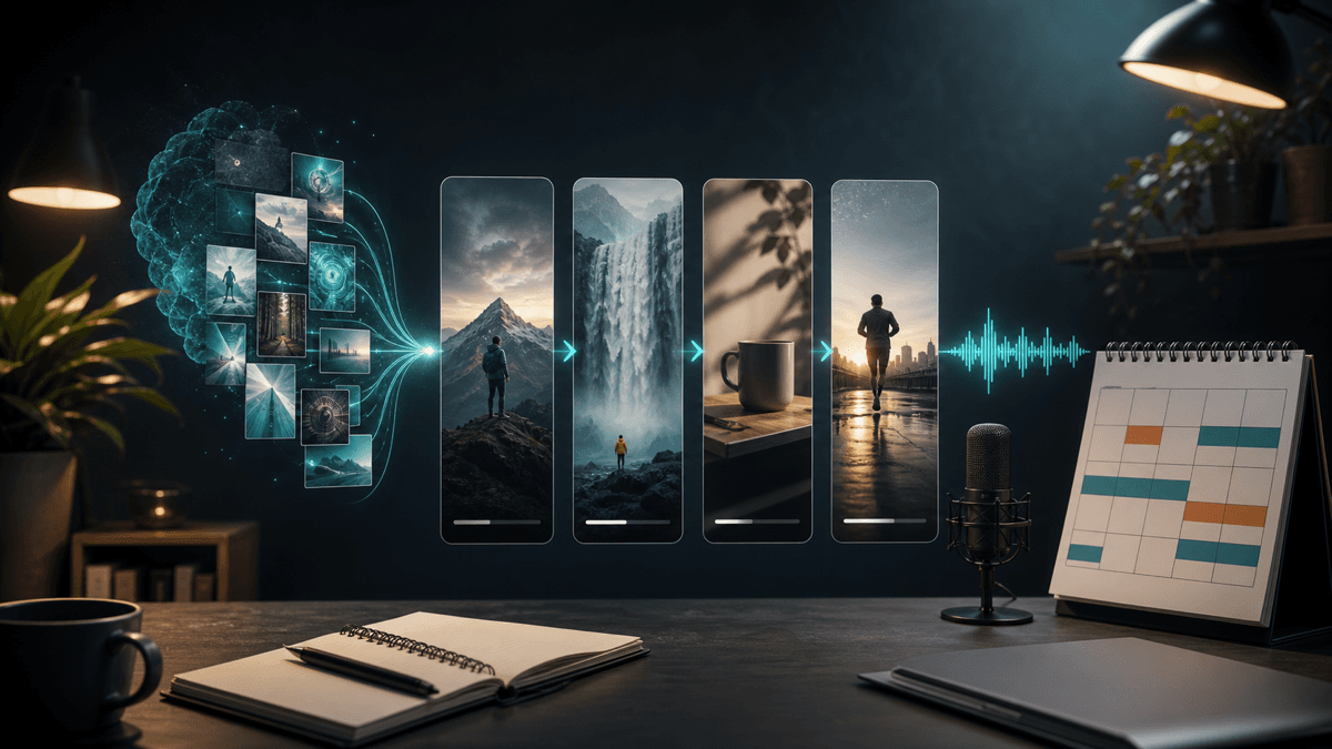 Editorial image showing an AI faceless video workflow from prompts to vertical videos, voiceover, and scheduling