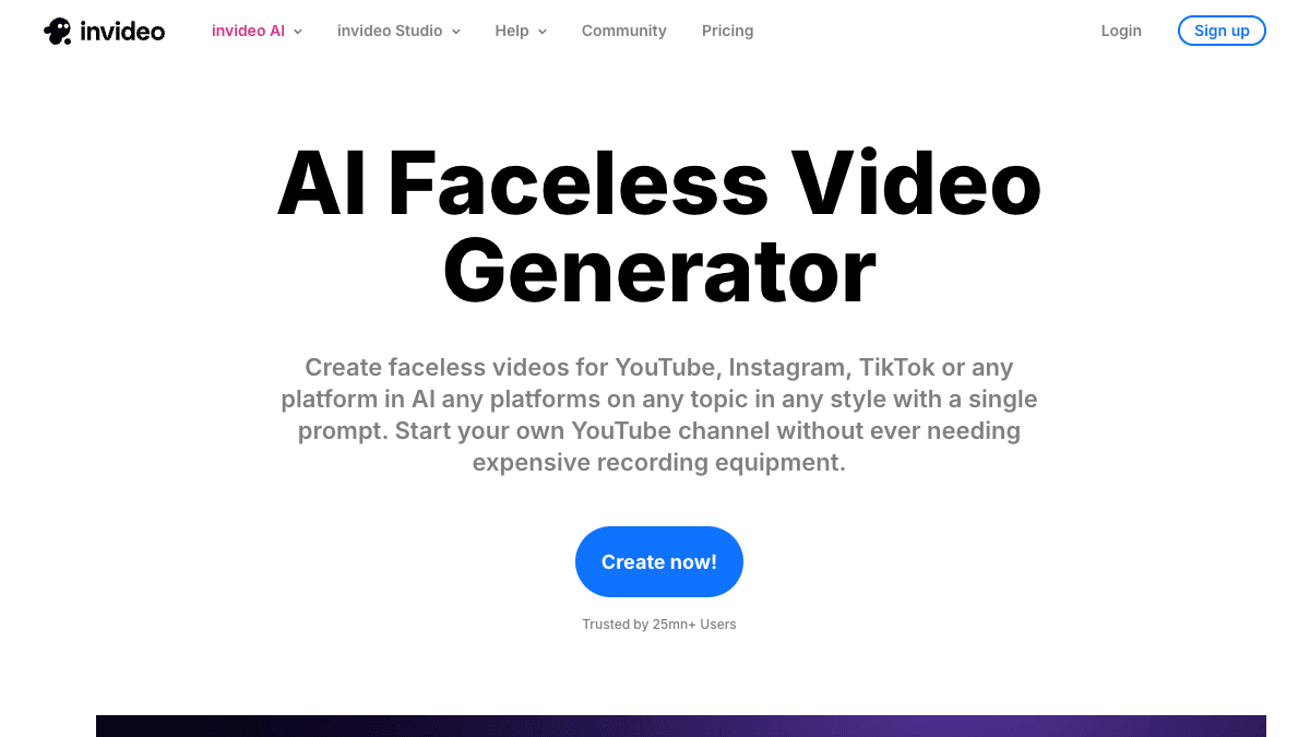 InVideo AI faceless video generator page showing prompt-based faceless video positioning for YouTube Instagram and TikTok