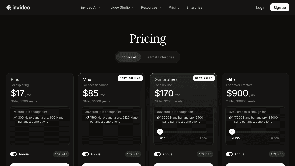 InVideo AI pricing page showing Plus Max Generative and Elite credit-based plans checked June 17 2026